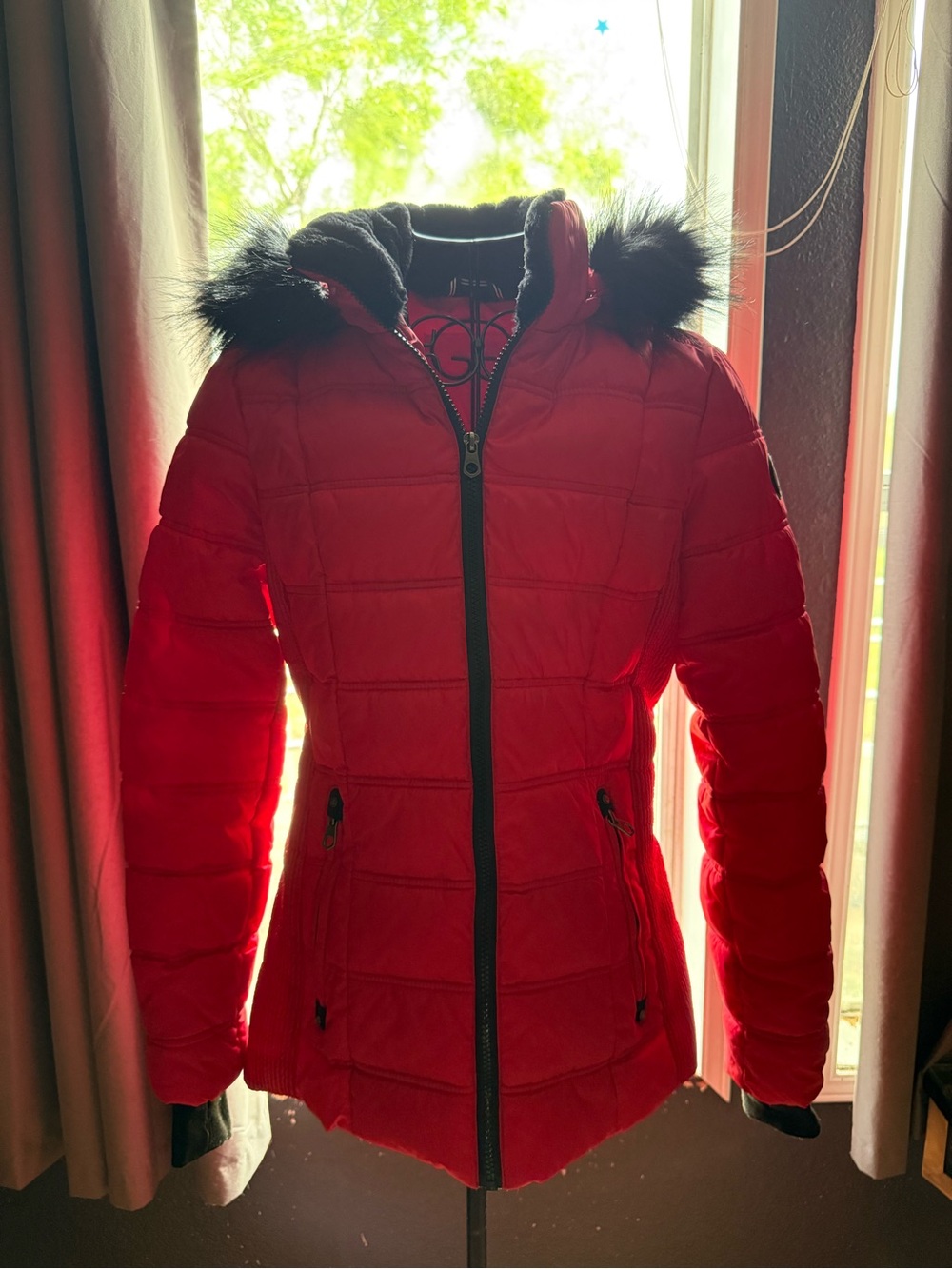Nautica Red small Quilted Puffer Jacket with Faux Fur Hood